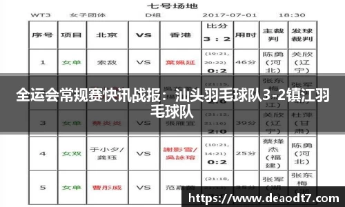 全运会常规赛快讯战报：汕头羽毛球队3-2镇江羽毛球队